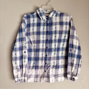 Lemon Grass Women's Blue Plaid Button-Up Collared Cotton Blouse L